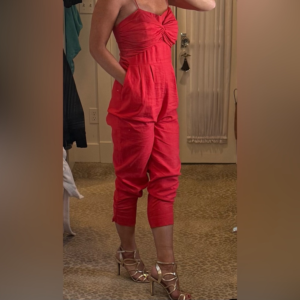 FARM Rio Vibrant Poppy Red Coral Linen Romper